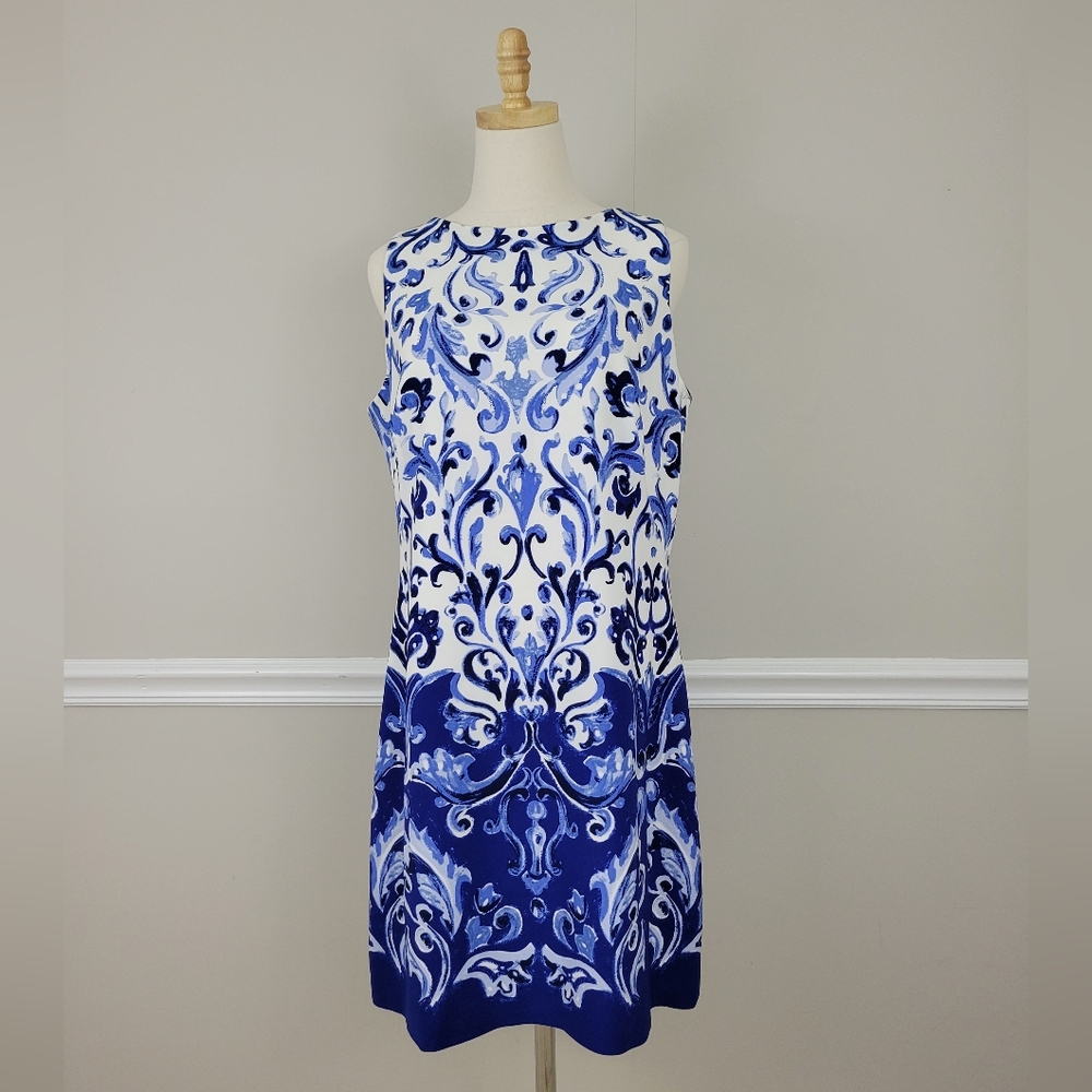 LAUREN RALPH LAUREN Blue White Print Crew Neck Sleeveless Dress